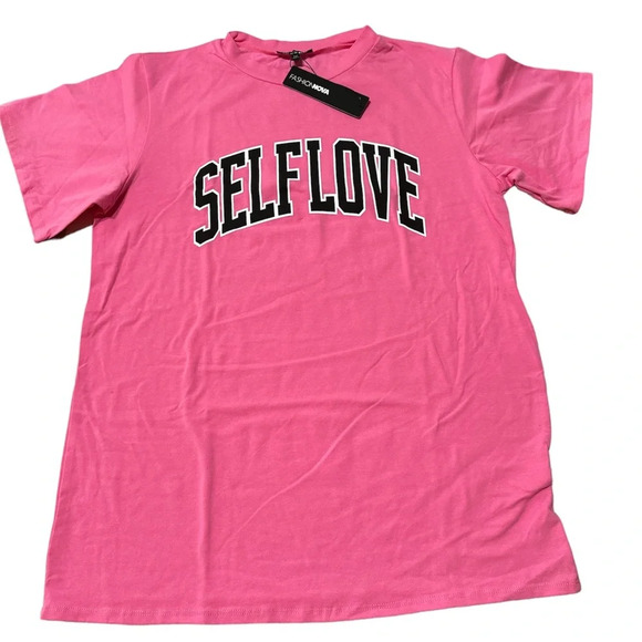 FASHION NOVA Pink Short Sleeves Statement T-shirt “Selflove” Medium BNWT - Picture 1 of 6